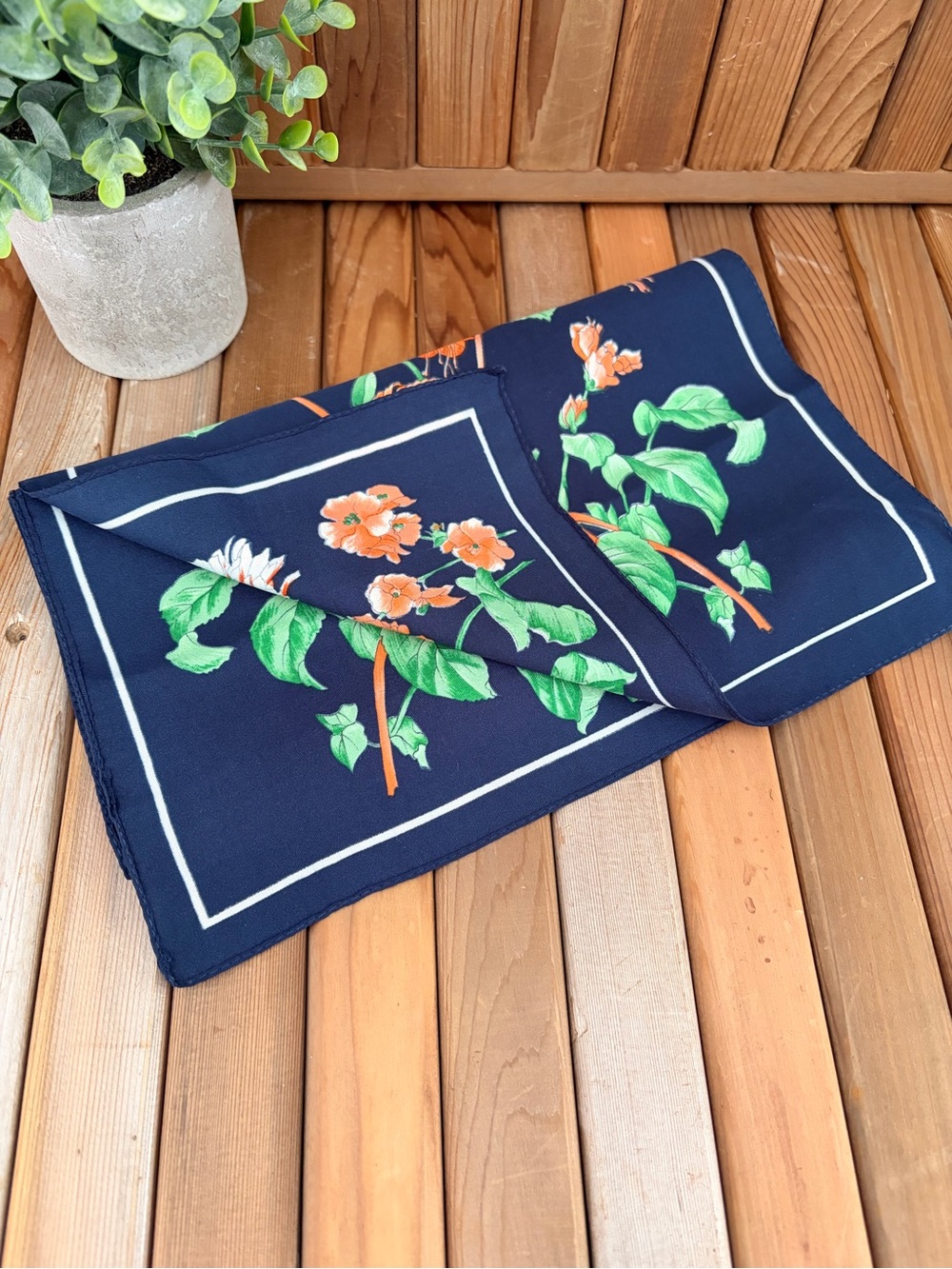 Vintage Floral Scarf with Orange & Green Blooms, Midcentury Silk, Cottagecore - Picture 2 of 5